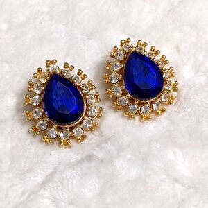 Vintage 80's Sapphire Blue & Clear Rhinestone Clip Earrings